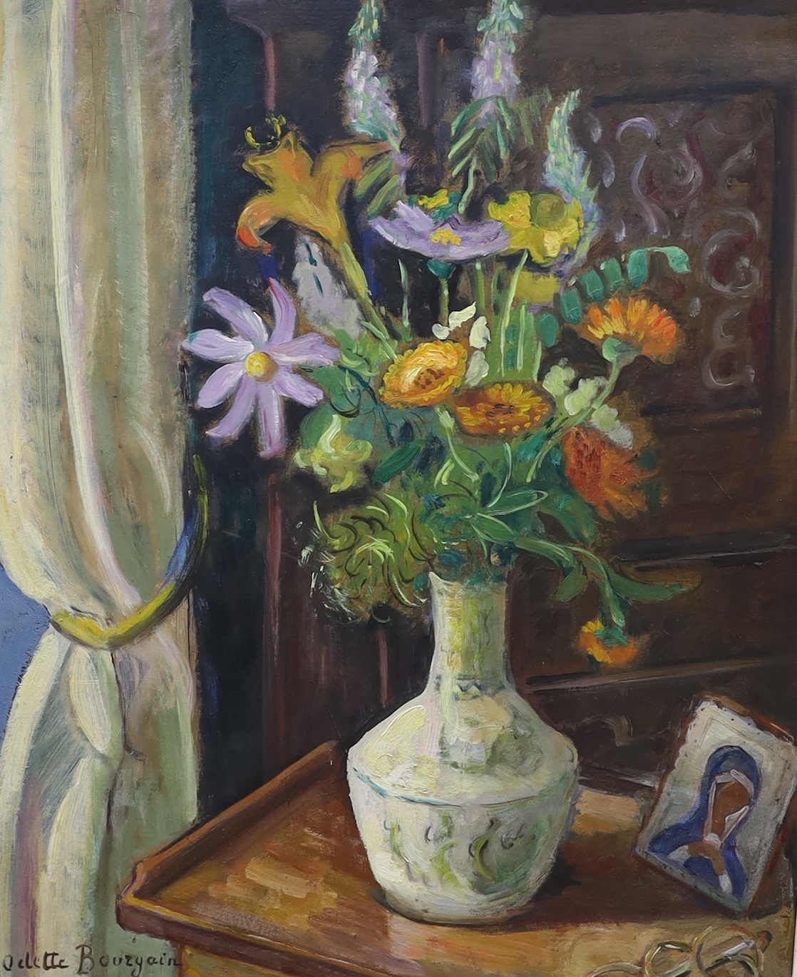Odette Bourgain (French, 19/20th. C), oil on board, still life of flowers in a vase, signed, inscribed verso, 64 x 53cm